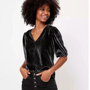 V-Neck Puff Sleeve Velvet Top - Charcoal Gray